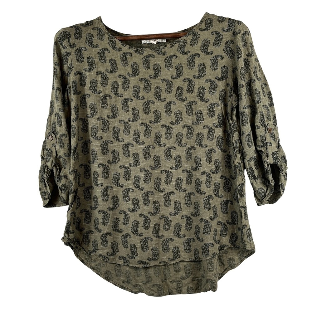 Pink Republic Womens L Olive Green Paisley Boho Roll Tab Top Festival Peasant